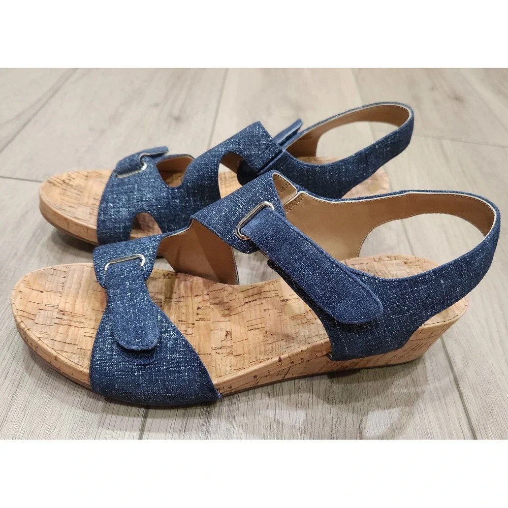 Women's Navy Shimmer Leather Cork Wedge Sandals Adjustable Straps Blue 9M